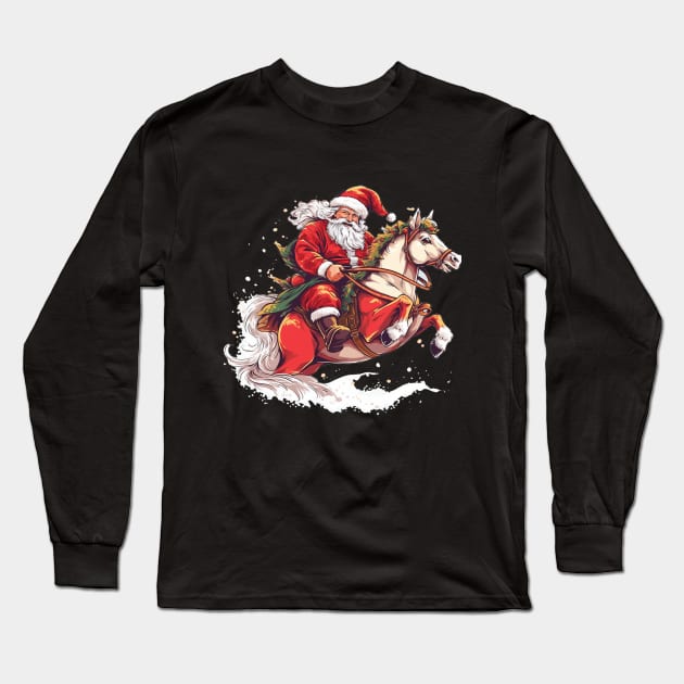 Merry Christmas Santa Claus Riding Red Horse Long Sleeve T-Shirt by Pro Design 501